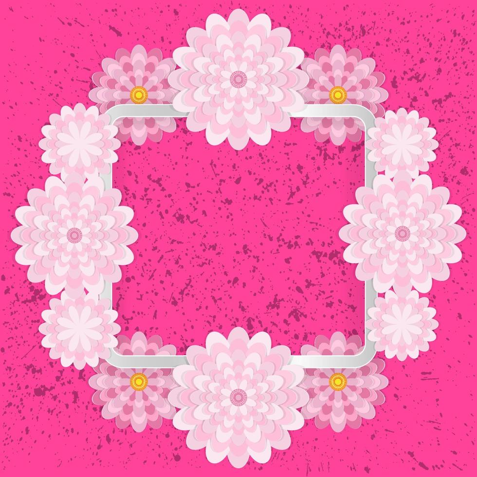 fondo floral de felicitación de primavera. flores de papel festivas en un marco de luz cuadrado. fondo rosa brillante grunge. vector, tarjeta de felicitación, con, un, feriado vector