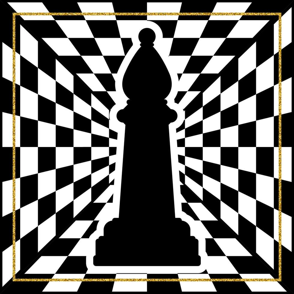 Chessboard with a chess piece Bishop and a gold frame. Traditional Christmas holiday game. vector