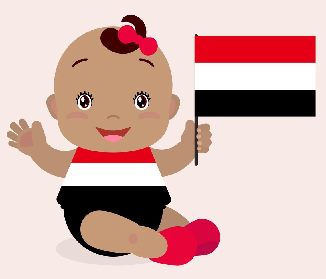 bebé sonriente niño pequeño, niña sosteniendo una bandera de yemen aislado sobre fondo blanco. mascota de dibujos animados vectoriales. ilustración de vacaciones al día del país, día de la independencia, día de la bandera. vector