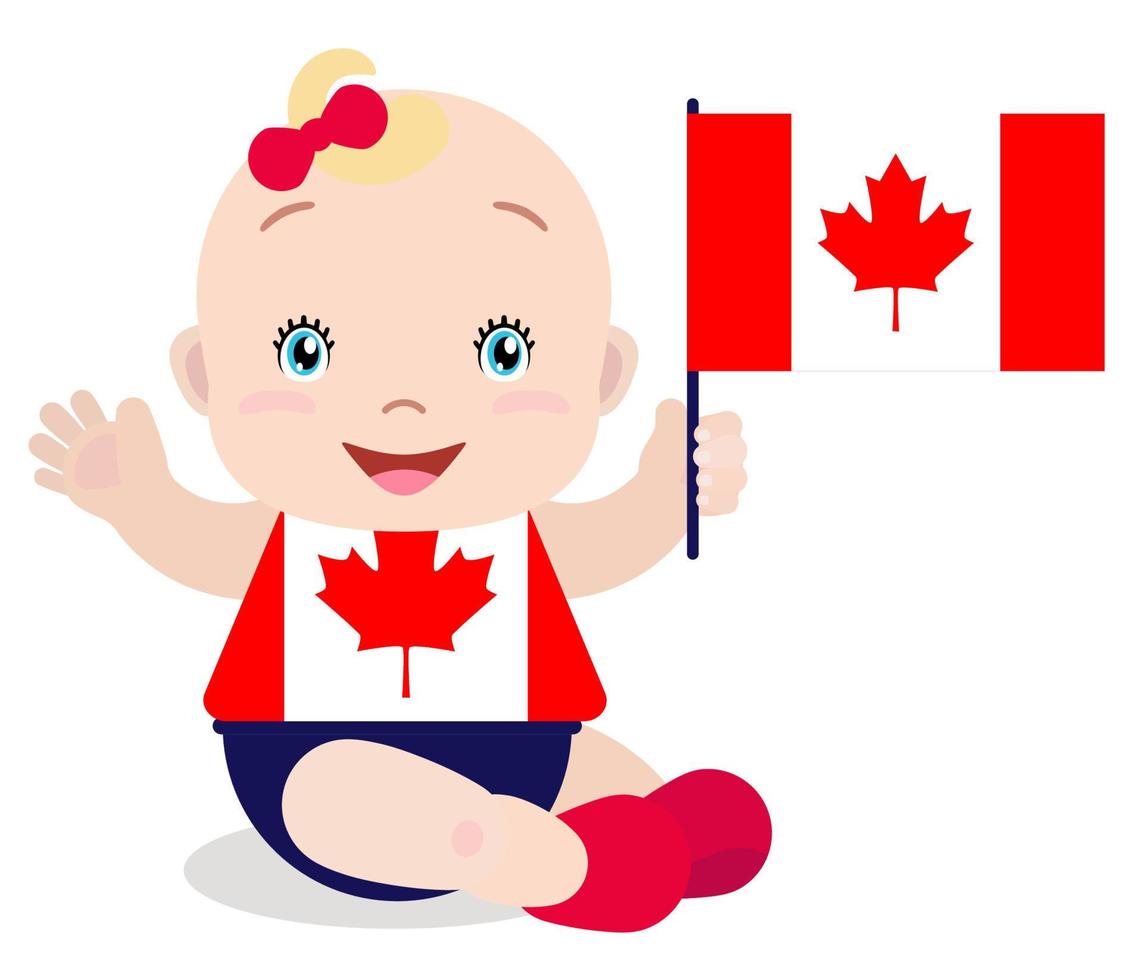 Smiling baby toddler, girl holding a Canada flag isolated on white background. Vector cartoon mascot. Holiday illustration to the Day of the country, Independence Day, Flag Day.