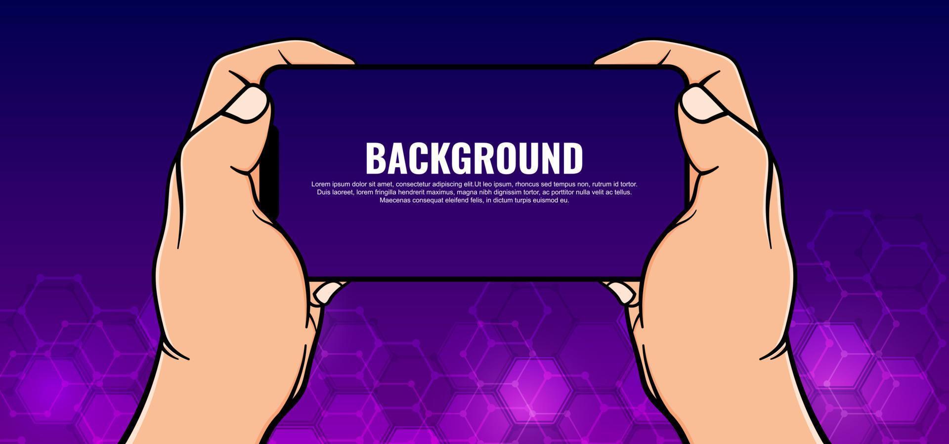 Illustration of a hand holding a phone on a purple blue gradient background. Vector design with technology and modern concept