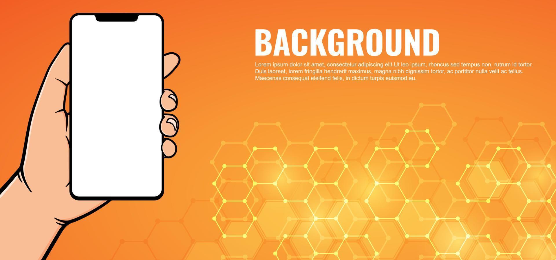 Illustration of a hand holding a phone on an orange technology background. Vector design with modern concept