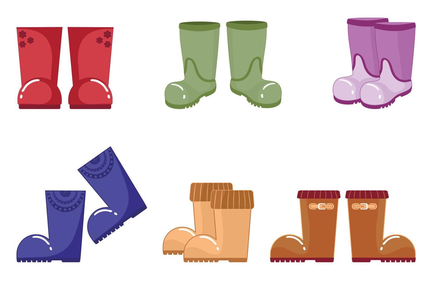 colección de diversos pares de botas de goma para proteger los pies del agua, la humedad, las inclemencias del tiempo y para trabajar al aire libre en el barro vector