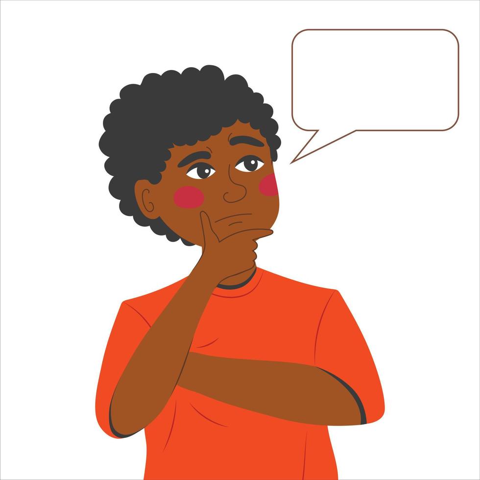 Thinking young black man has a question. Rubs chin, looks up and thinks about a new creative idea with an empty thought bubble nearby. vector