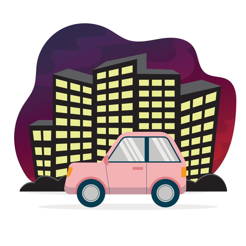 simple two-door pink coupe car side view on top drives against the backdrop of night city skyscrapers in a bubble isolated on white background flat graphic vector