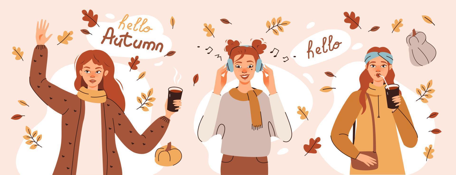 un grupo de chicas en el follaje de otoño, bebiendo café y escuchando música, hola tarjeta de felicitación de otoño. ilustración vectorial plana vector