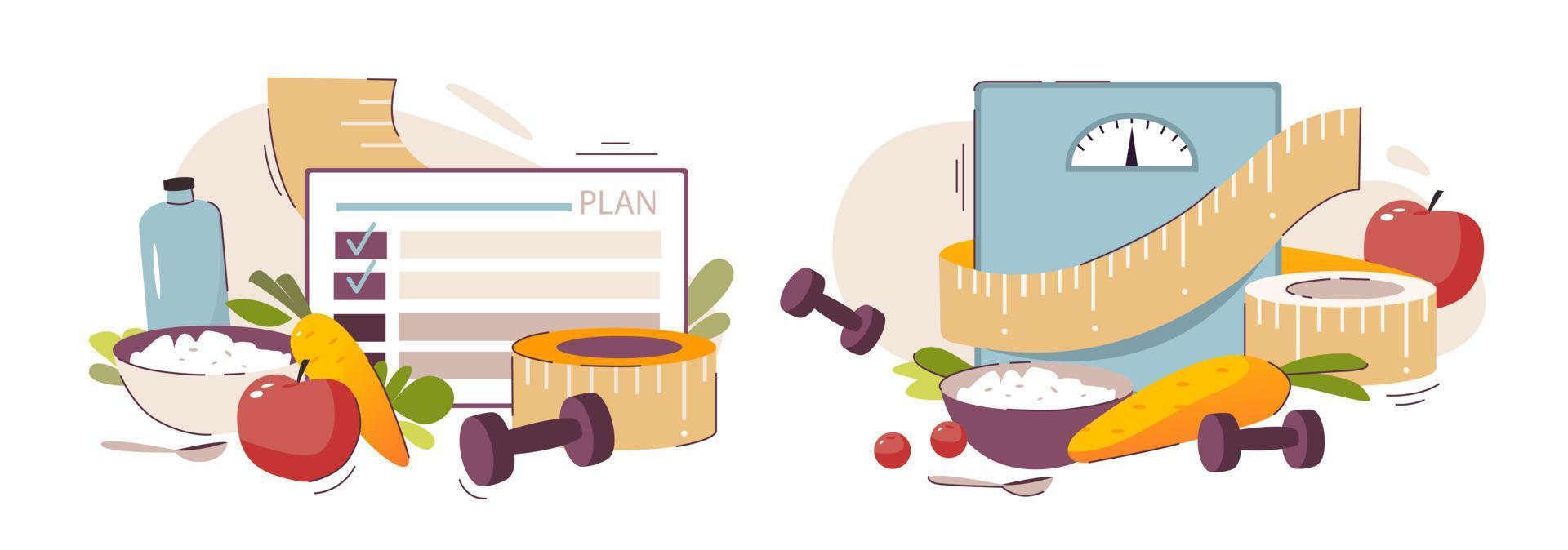 Nutritionist concept. Weight loss program. Concept of healthy food, meal planning, nutrition consultation, balance diet program.  Flat vector illustration