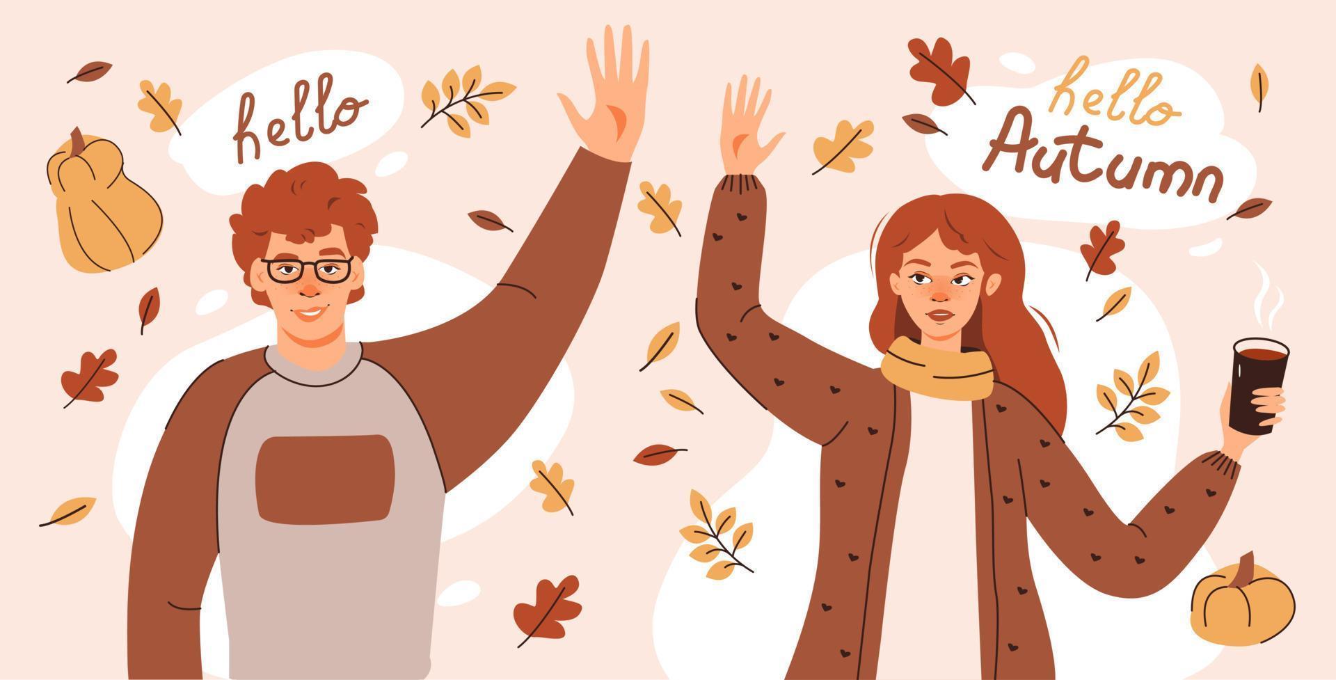 hola cartel de otoño. una chica y un chico en el follaje otoñal saludan al otoño y beben café. ilustración vectorial plana vector