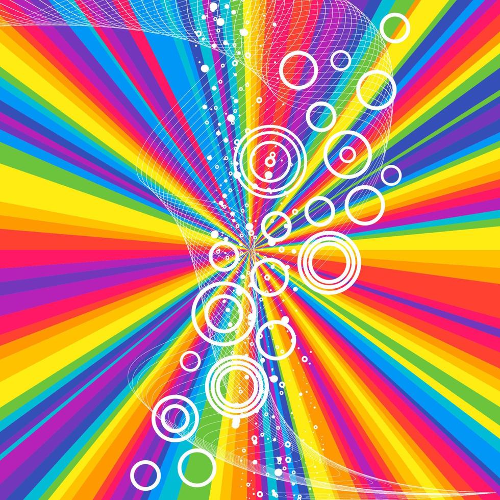 Rays rainbow striped pattern with white wave lines and circles. Abstract wallpaper colorful background, vector bright festive Illustration.