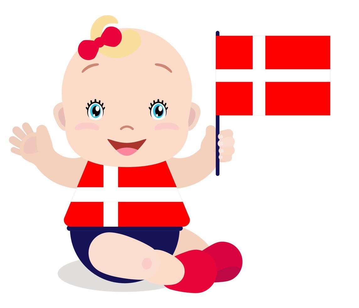 Smiling baby toddler, girl holding a Denmark flag isolated on white background. Vector cartoon mascot. Holiday illustration to the Day of the country, Independence Day, Flag Day.