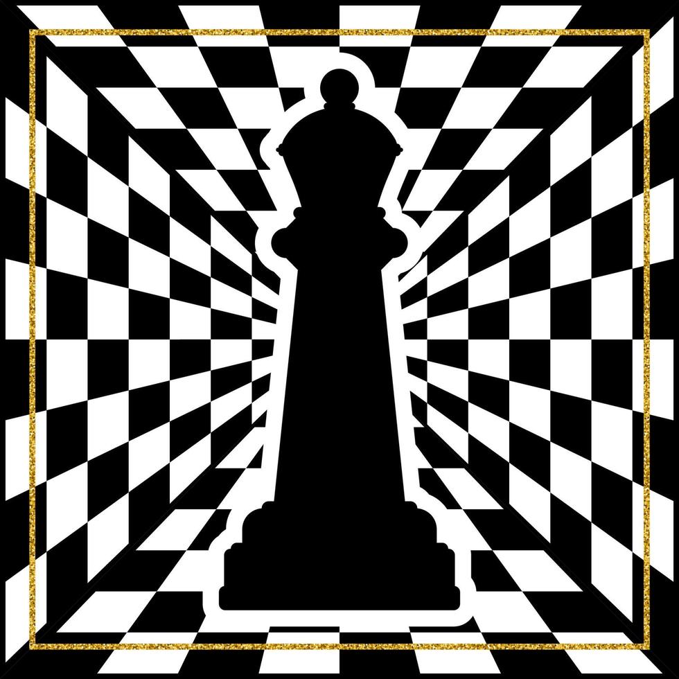 Chessboard with a chess piece Queen and a gold frame. Traditional Christmas holiday game. vector