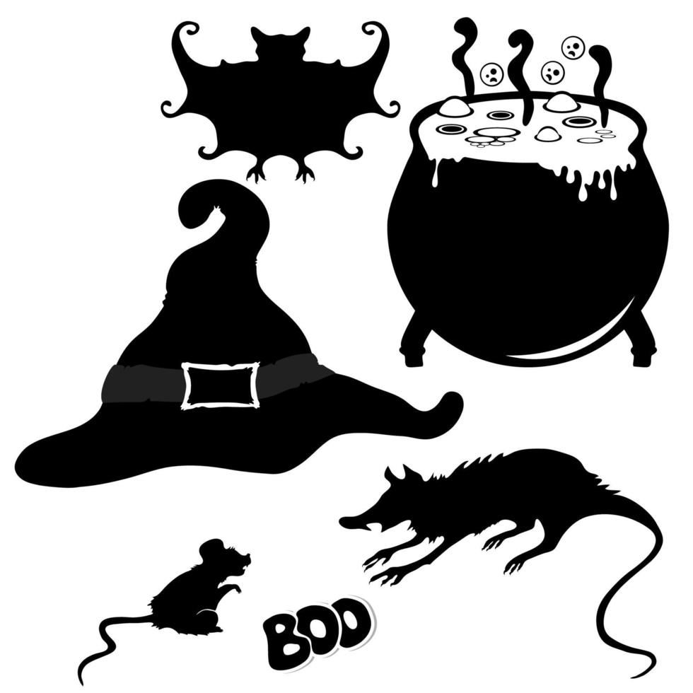 Witch's hat, witch's cauldron, bat, rat, mouse. Halloween element design. vector