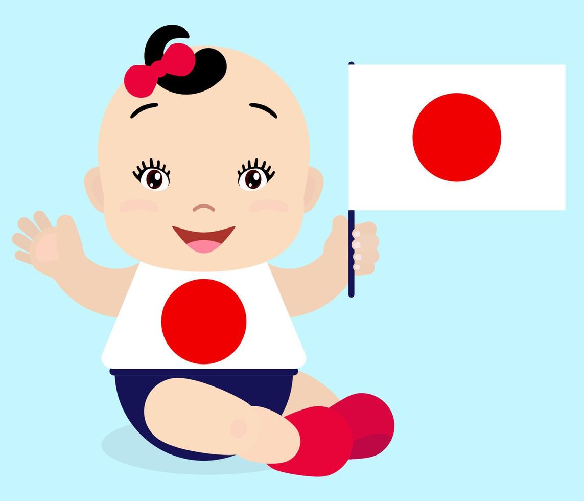 niño pequeño sonriente, niña sosteniendo una bandera japonesa aislada de fondo blanco. mascota de dibujos animados vectoriales. ilustración de vacaciones al día del país, día de la independencia, día de la bandera. vector