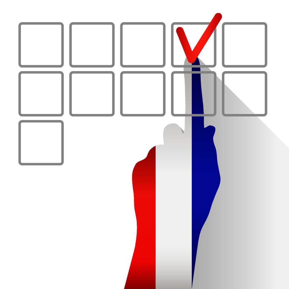 elecciones en francia. la mano vota la casilla de verificación del candidato. silueta de mano compuesta por los colores de la bandera. vector
