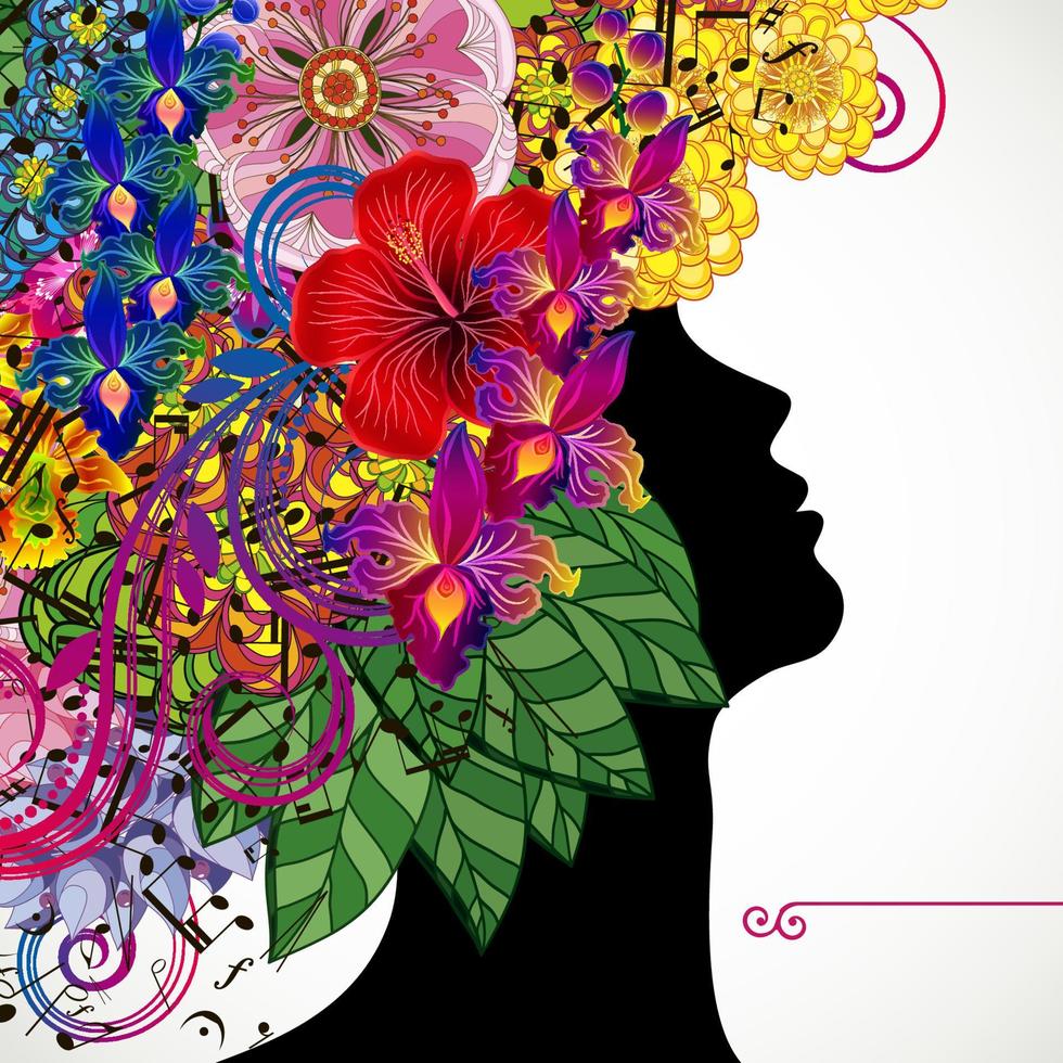 hermosa mujer joven con flores tropicales en el cabello heredero. ilustración vectorial tarjeta de felicitación belleza y moda. vector