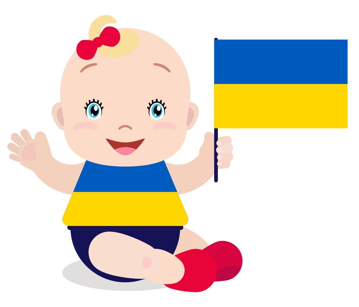 Smiling baby toddler, girl holding a Ukraine flag isolated on white background. Vector cartoon mascot. Holiday illustration to the Day of the country, Independence Day, Flag Day.