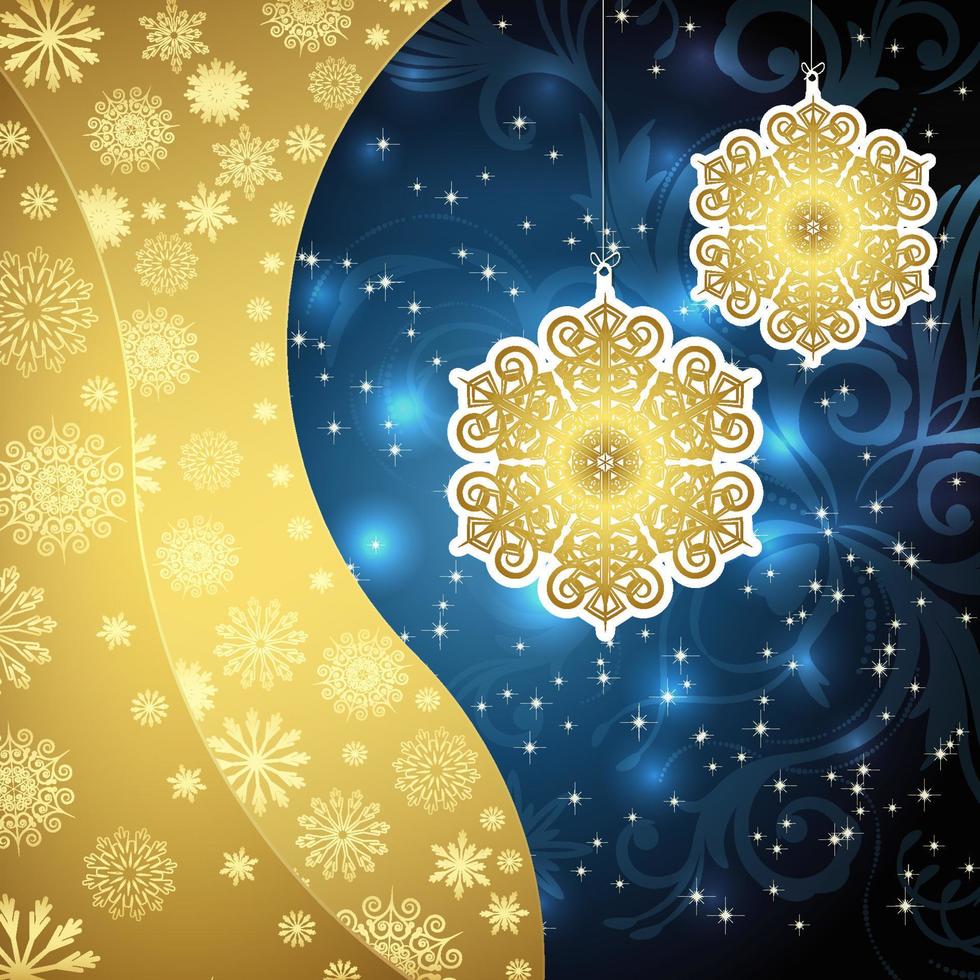 Golden snowflakes and frosty patterns on a dark blue background. Christmas background, vector illustration.