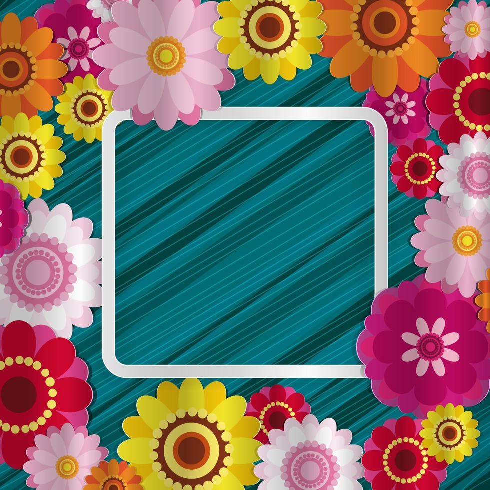 Spring congratulatory floral background. Festive paper flowers on a square light frame. Shaded noble turquoise background. Vector greeting card with a holiday on March 8, Mother's Day, birthday.