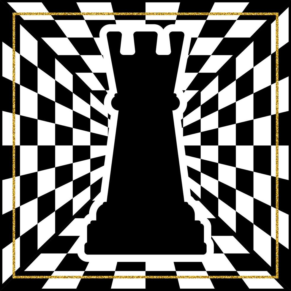 Chessboard with a chess piece Rook and a gold frame. Traditional Christmas holiday game. vector