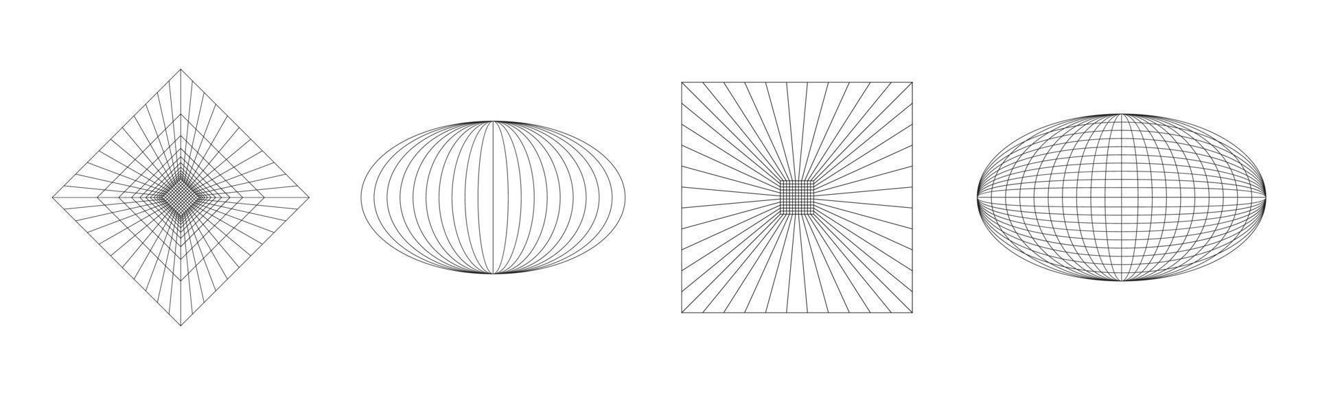 Set of abstract wireframe 80s style. Retro futuristic technology in grid line for graphic element. Collection of 3D mesh illustration design form vector