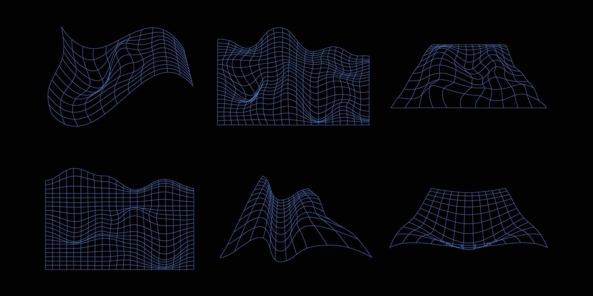 Set of abstract wireframe 80s style. Retro futuristic technology in grid line for graphic element. Collection of 3D mesh illustration design form vector