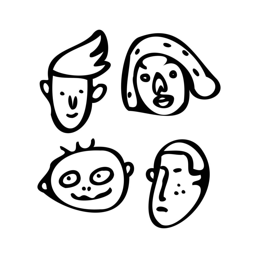 Cute head illustrations for profiles character design. Simple hand-drawn minimalist women's and men's heads vector