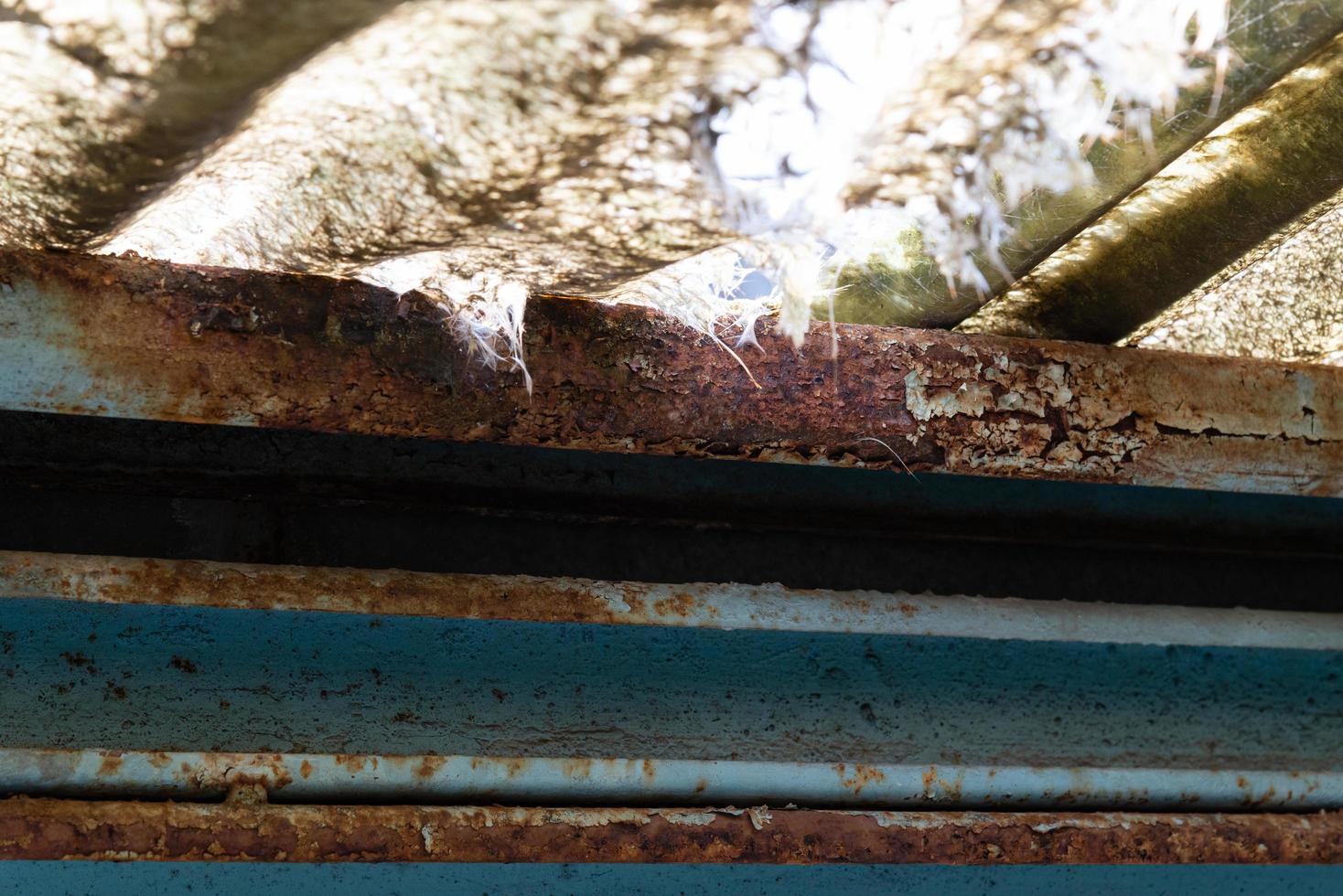 el agua de lluvia gotea en el techo causando hierro oxidado. concepto de renovación del hogar. foto