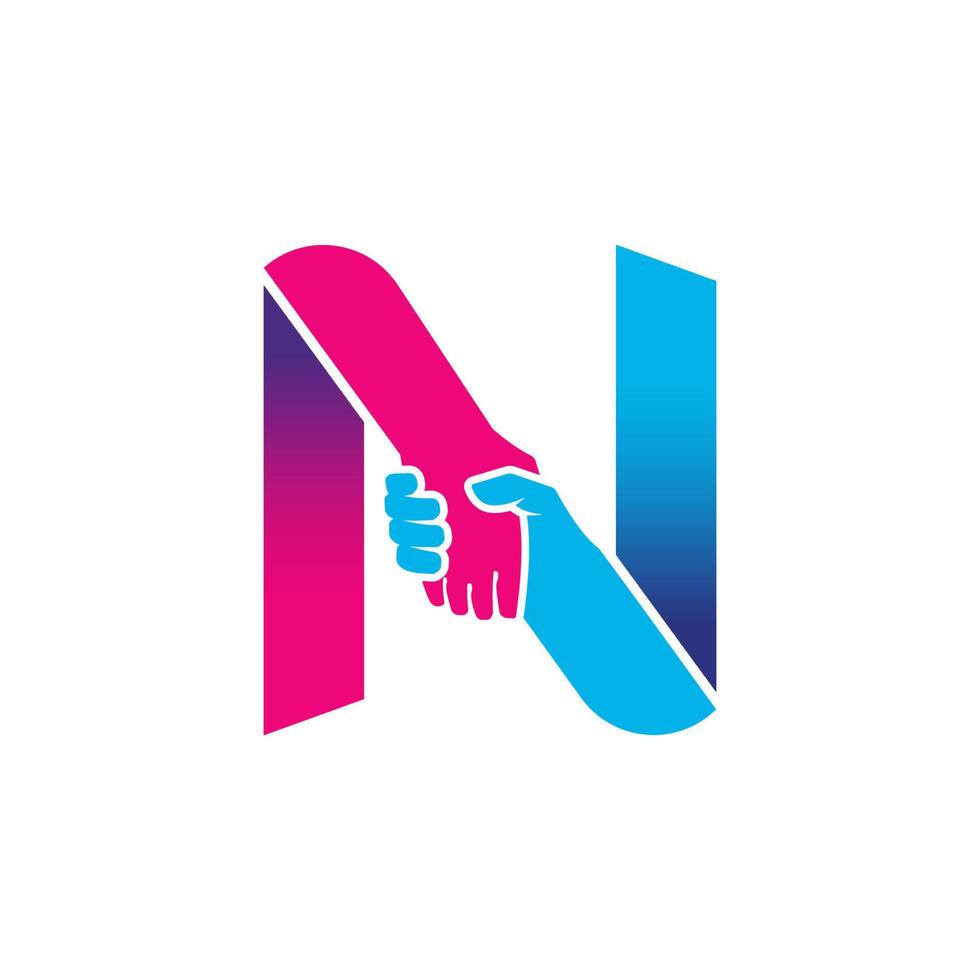 handshake logo isolated on letter N alphabet. Business partnership and union logo design vector