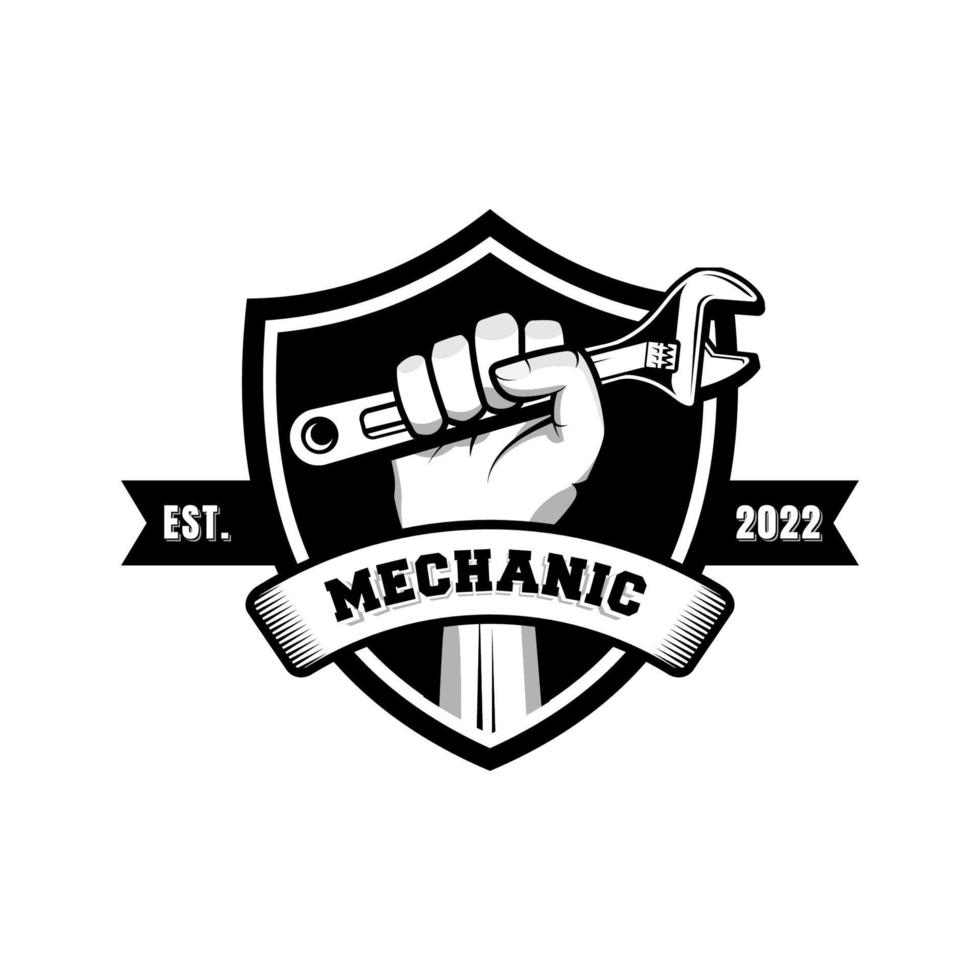 Mechanic badge logo design in retro style. Plumber logo design template vector