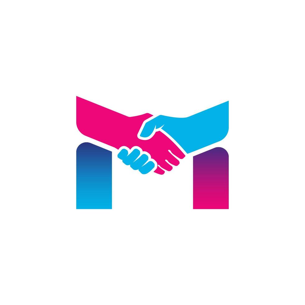 handshake logo isolated on letter M alphabet. Business partnership and union logo design vector
