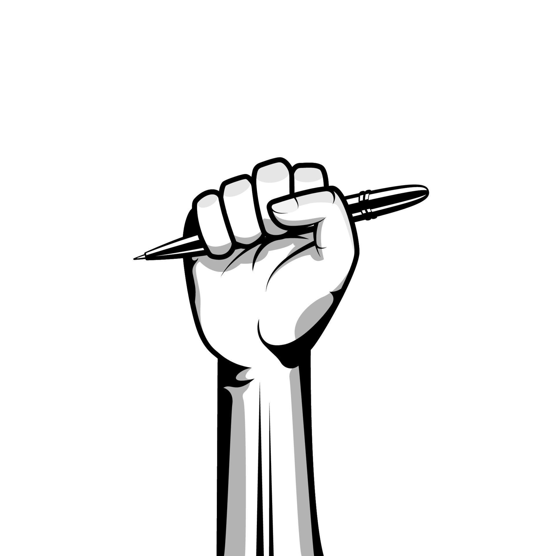Hand holding pencil vector illustration. Raised fist hand holding a