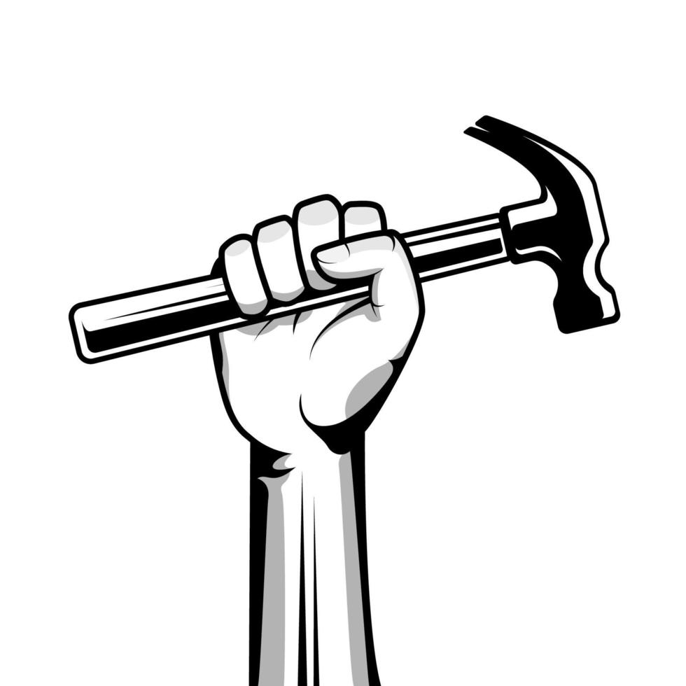 Hand holding hammer illustration clip art for carpenter logo isolated on white background vector