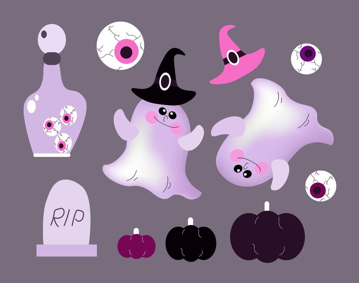 Set of kawaii cute funny happy ghosts, vector