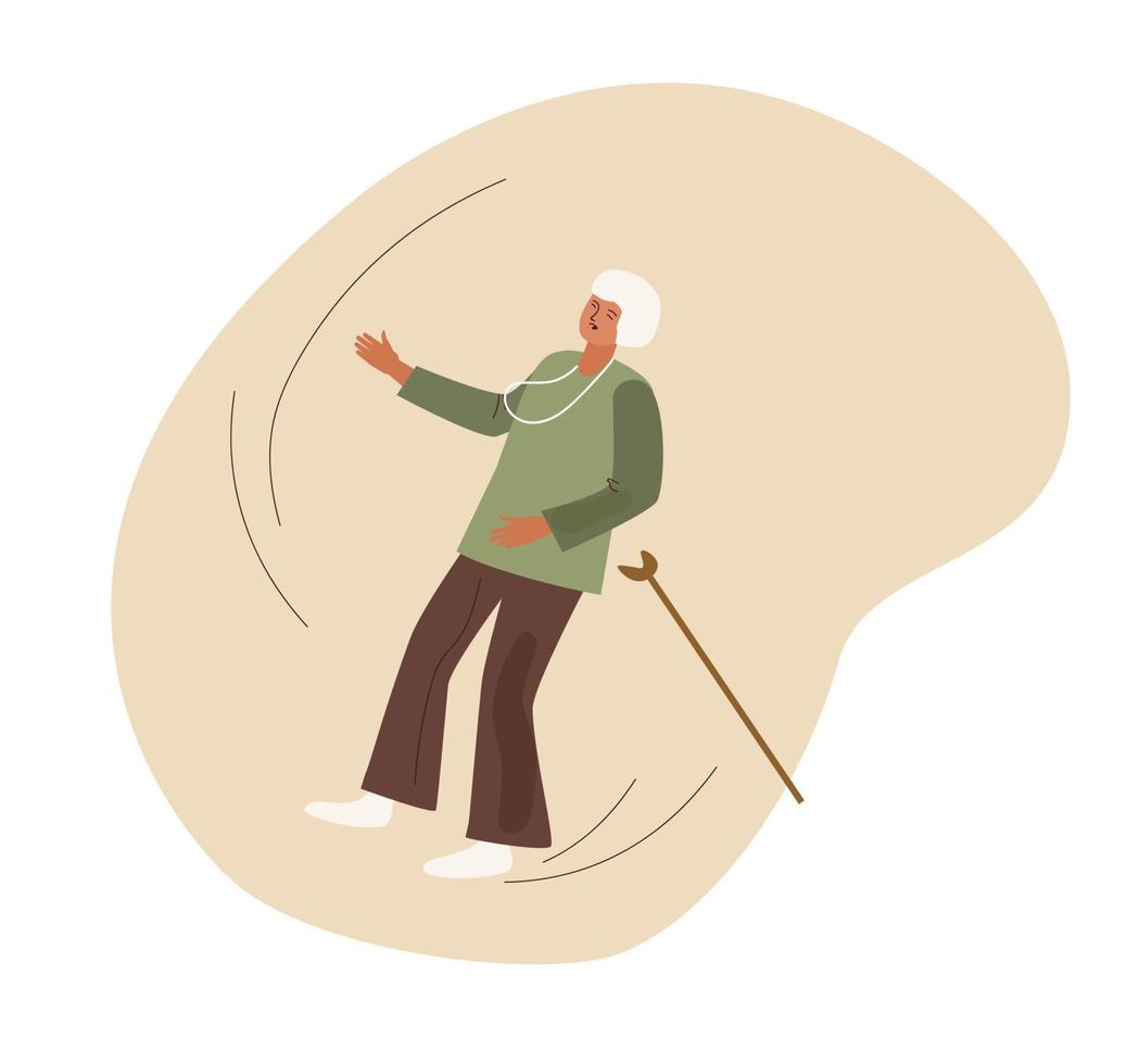 Retired women falling down. Old woman with a cane. Vector cartoon illustration