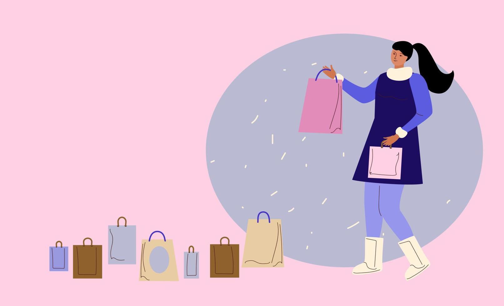 Winter sale banner, poster, flyer. Women are buys gifts. Vector illustration in flat cartoon style.