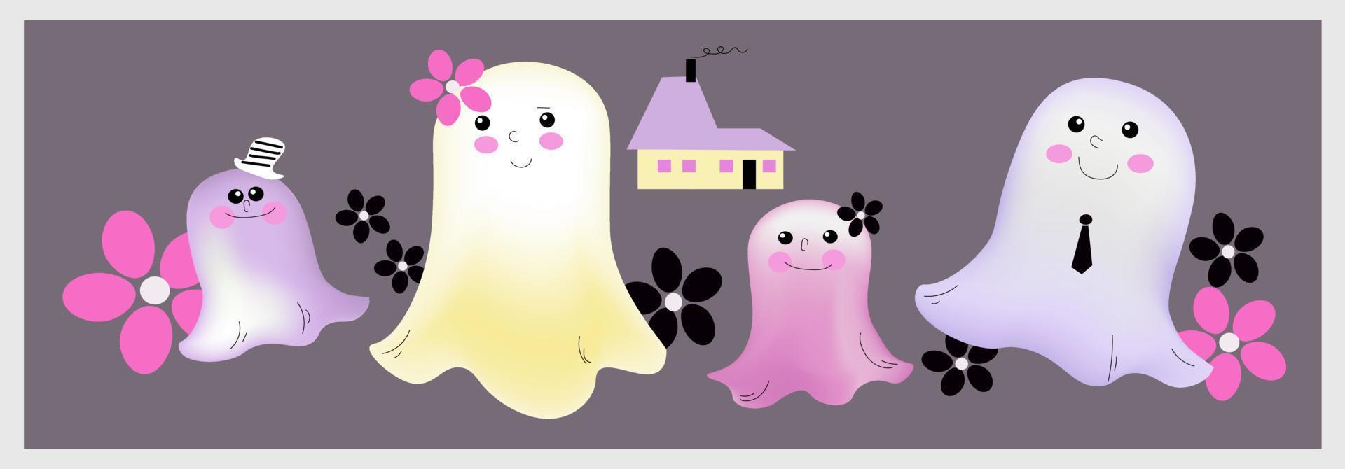 conjunto de fantasmas felices divertidos lindos kawaii, vector
