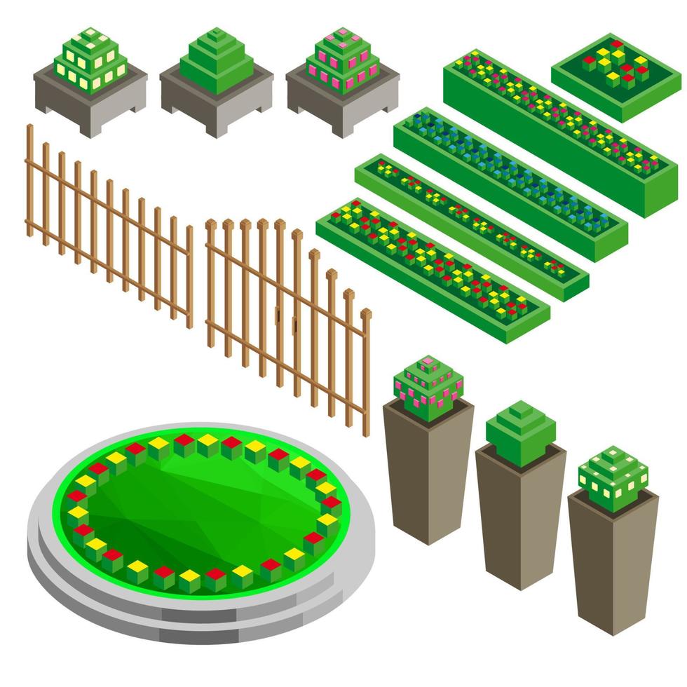 árboles florecientes vectoriales isométricos establecidos para bosque, parque, ciudad. iconos del kit de construcción de paisajes para juegos, mapas, impresiones, ets. aislado sobre fondo blanco. vector