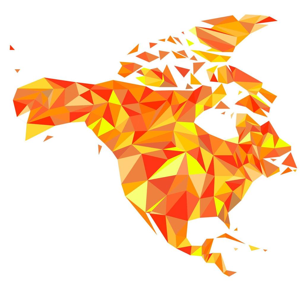 Abstract continent of North America from orange, amber, yellow triangles. Origami style. Vector polygonal pattern for your design.
