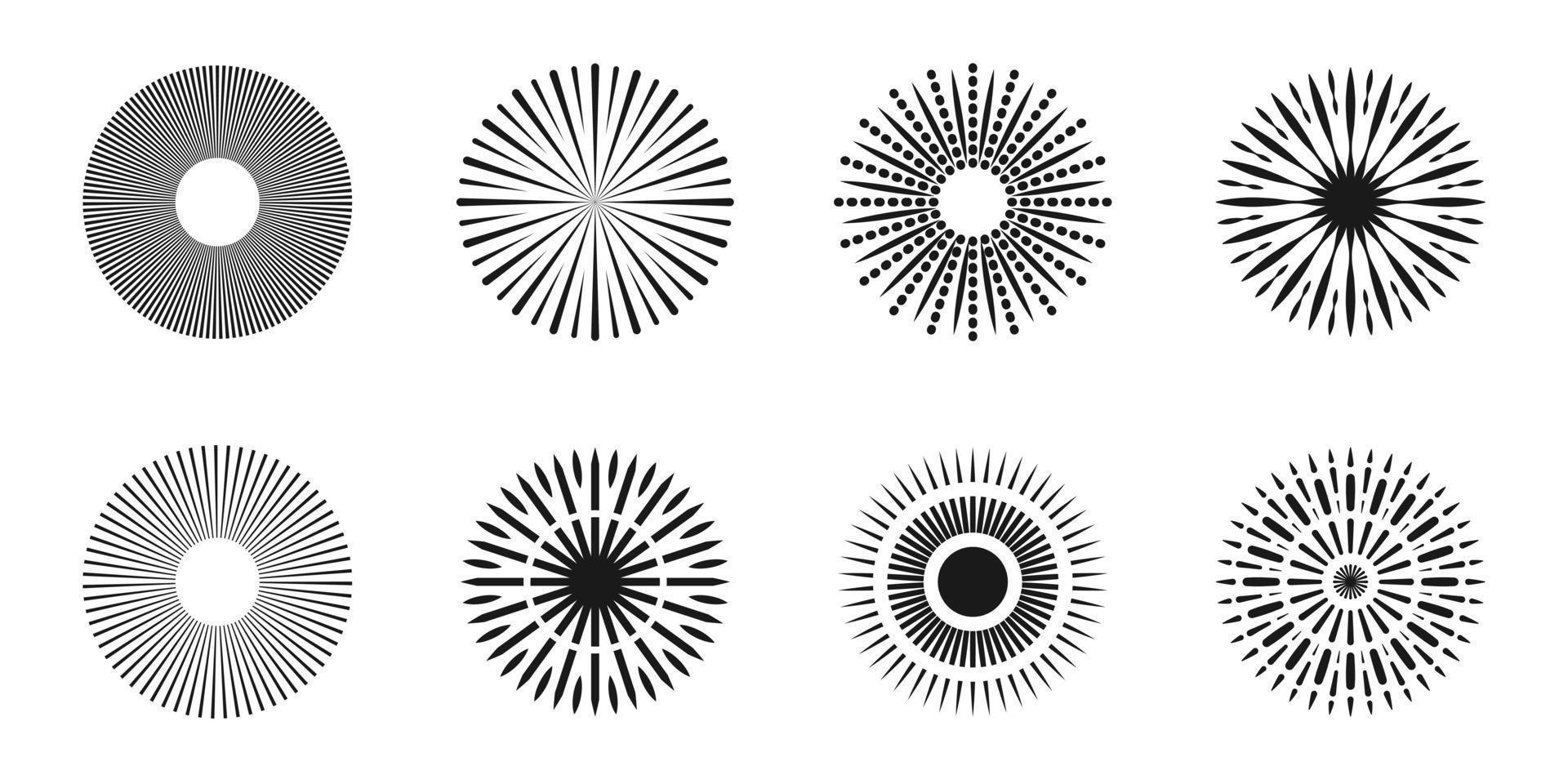 Beam of sun are black and white. Circle of firework lines. Set of vector graphic symbols in gothic style.