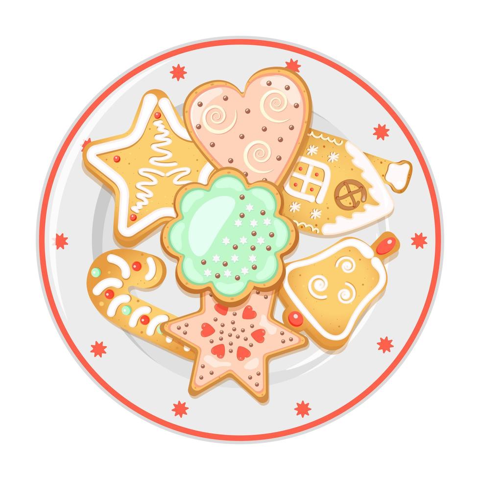 Gingerbread on porcelain dish with red border. Christmas treats. vector