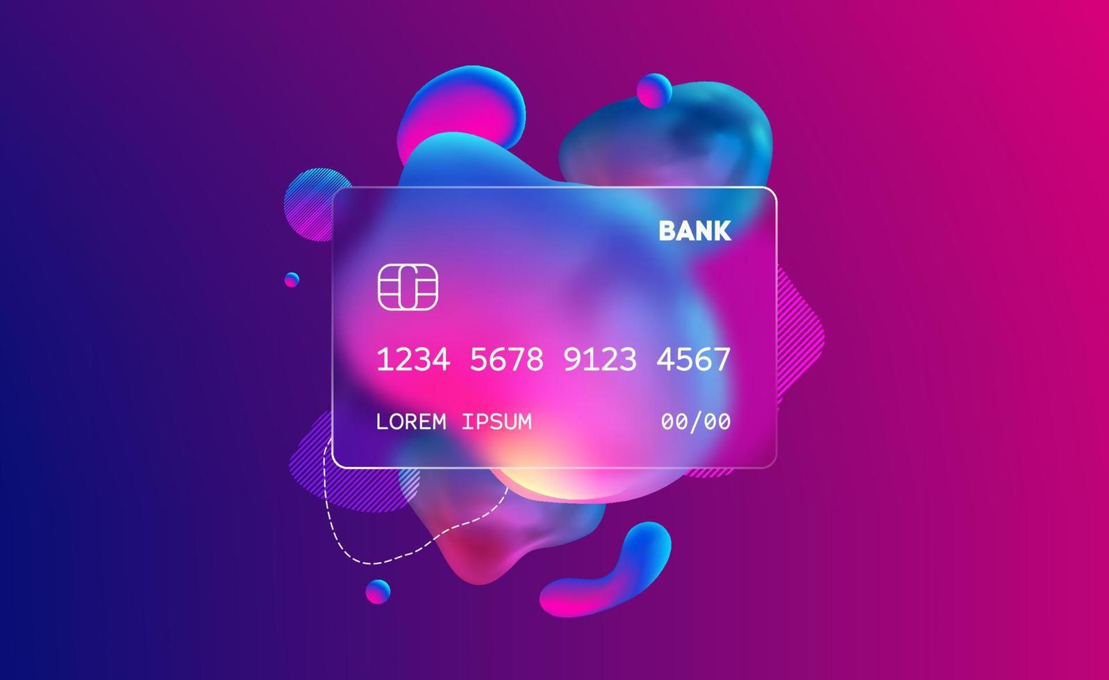 Glass morphism credit card template. Plastic rectangle of transparent plastic with blur effect. Liquid shapes morphism abstract art. vector