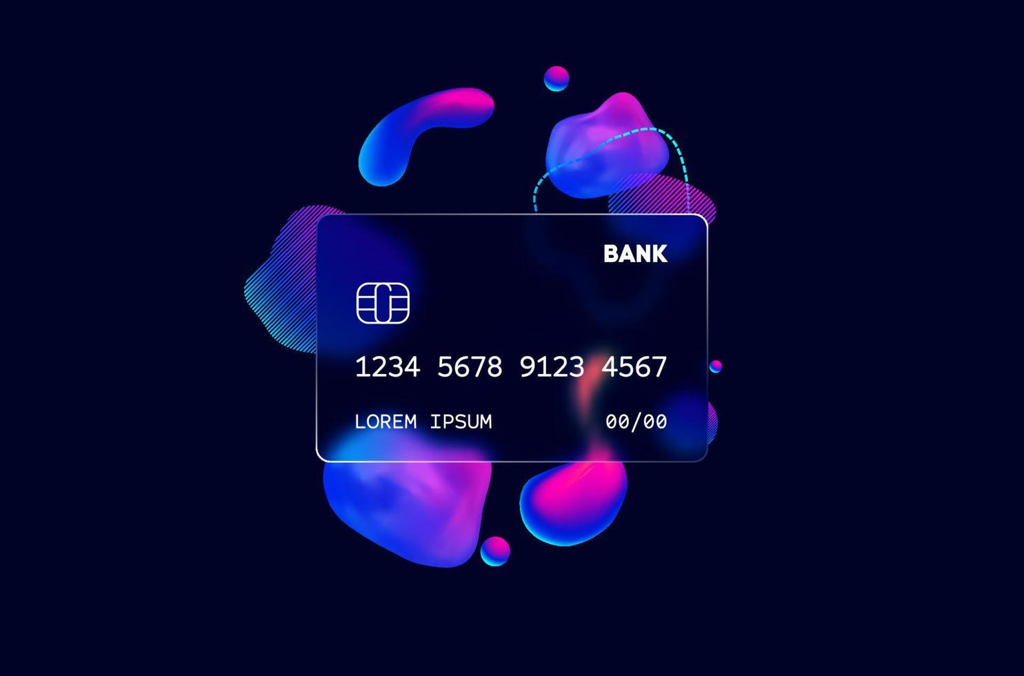 Glass morphism credit card template. Plastic rectangle of transparent plastic with blur effect. Liquid shapes morphism abstract art. vector