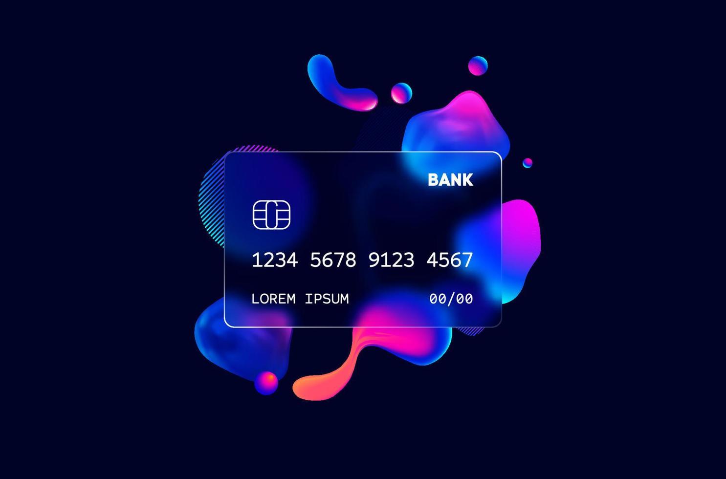 Glass morphism credit card template. Plastic rectangle of transparent plastic with blur effect. Liquid shapes morphism abstract art. vector