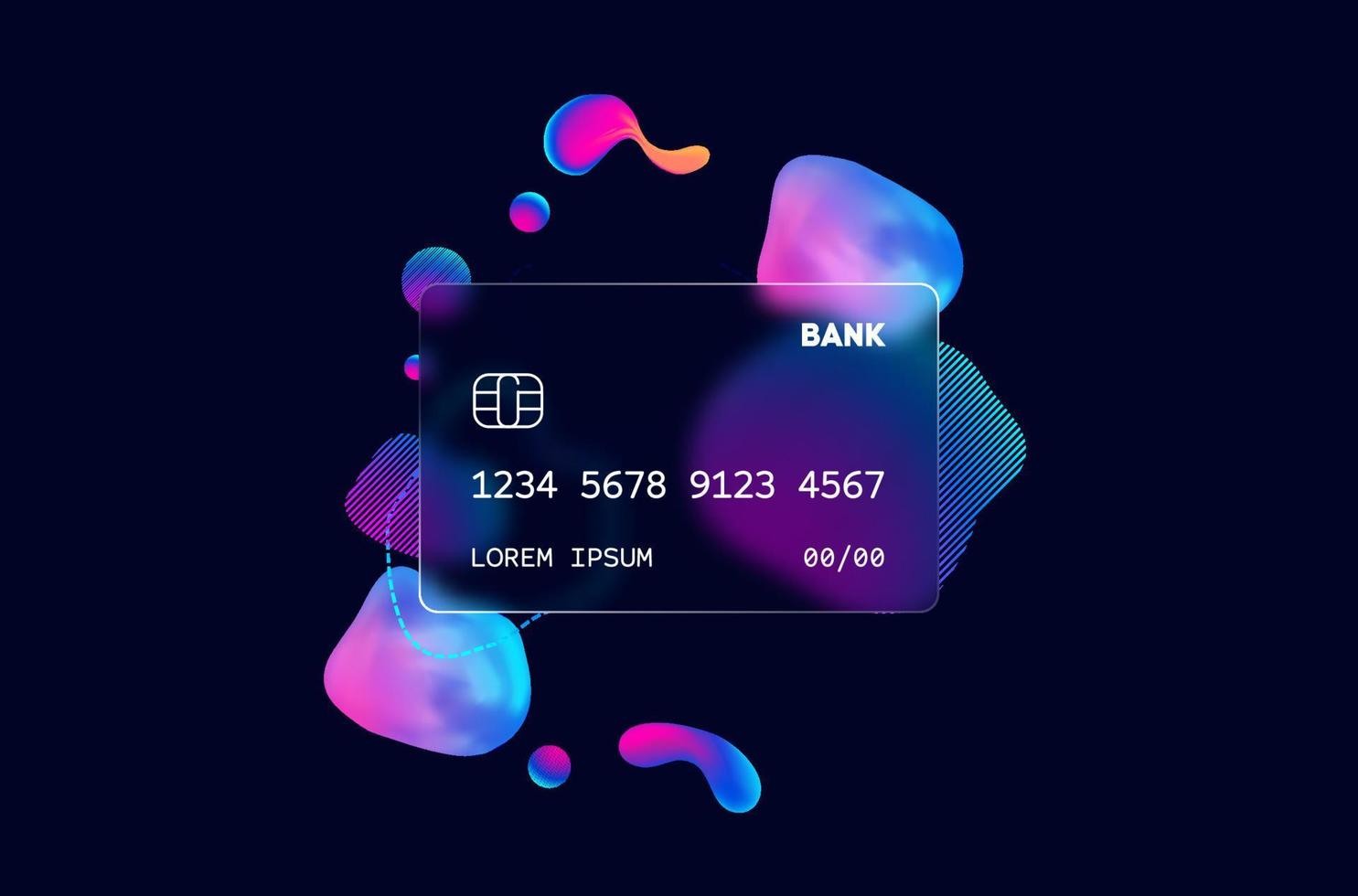 Glass morphism credit card template. Plastic rectangle of transparent plastic with blur effect. Liquid shapes morphism abstract art. vector