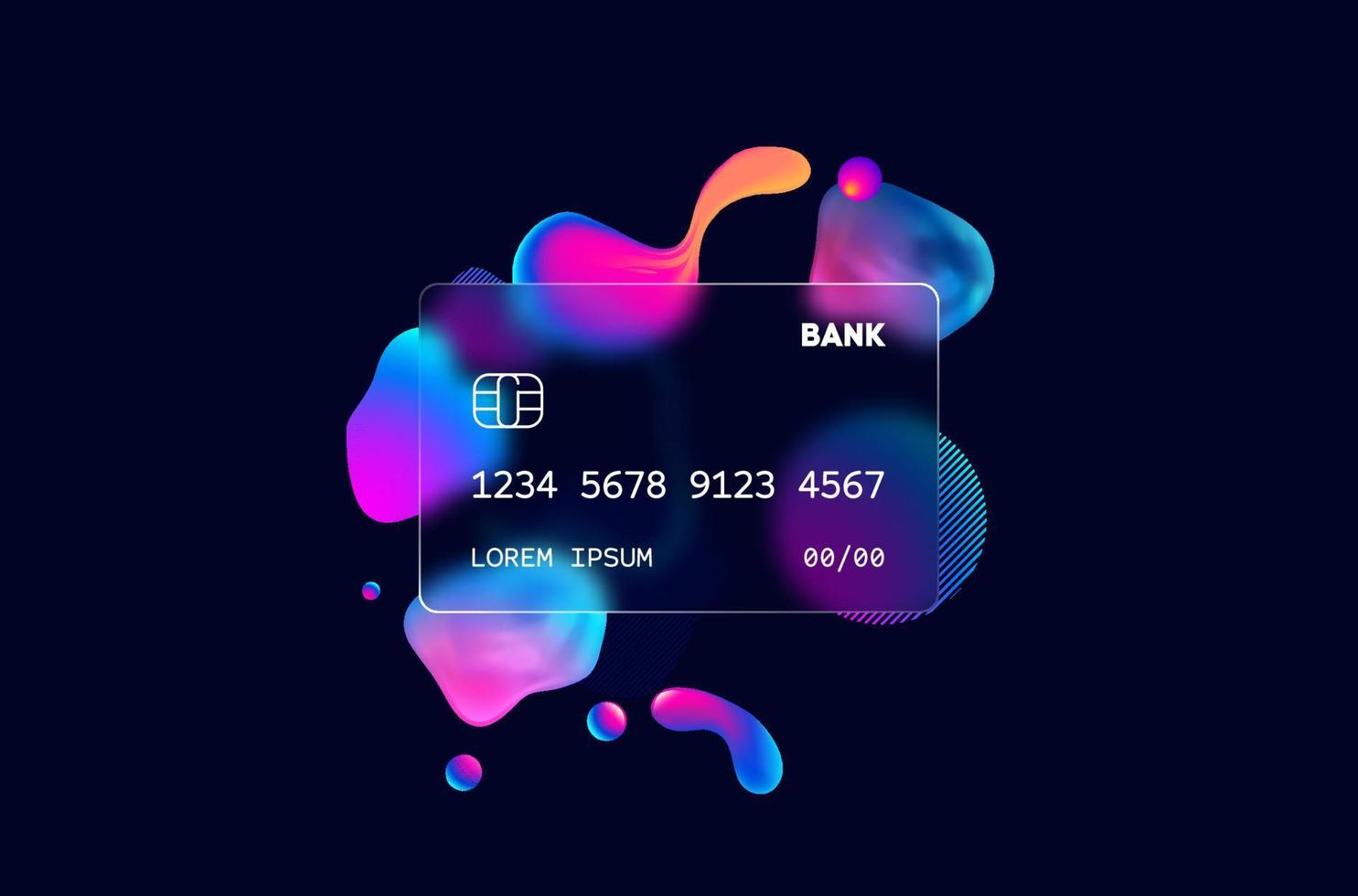 Glass morphism credit card template. Plastic rectangle of transparent plastic with blur effect. Liquid shapes morphism abstract art. vector