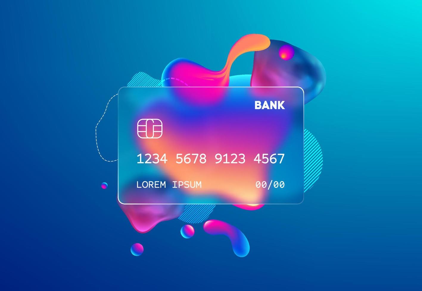 Glass morphism credit card template. Plastic rectangle of transparent plastic with blur effect. Liquid shapes morphism abstract art. vector