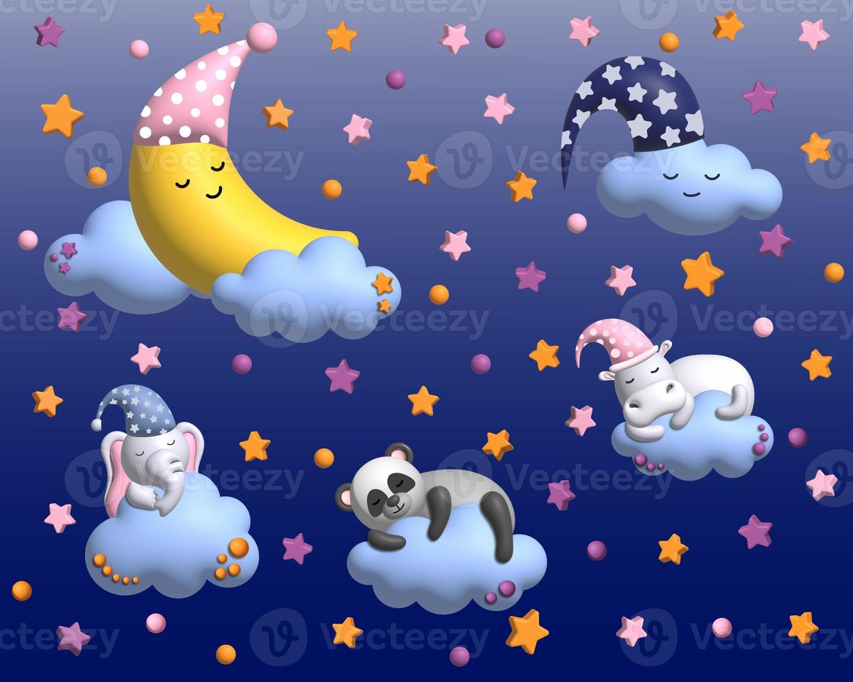 Sweet moon and baby elephant are sleeping in the clouds. Children's background with moon, stars, clouds. 3d render photo