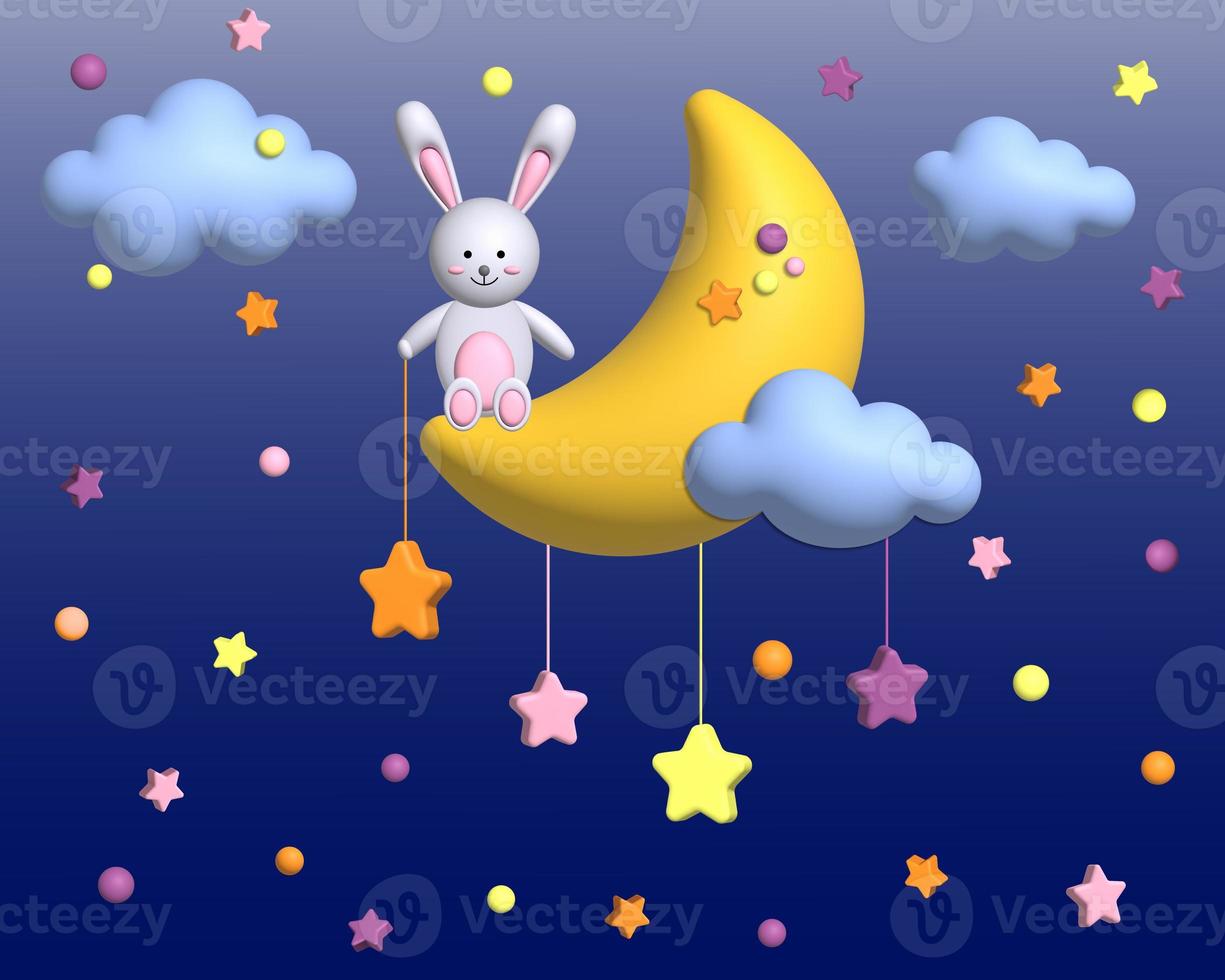 A cute hare is sitting on a crescent moon. Cartoon character for invitation, poster, print and greeting card. 3d render photo