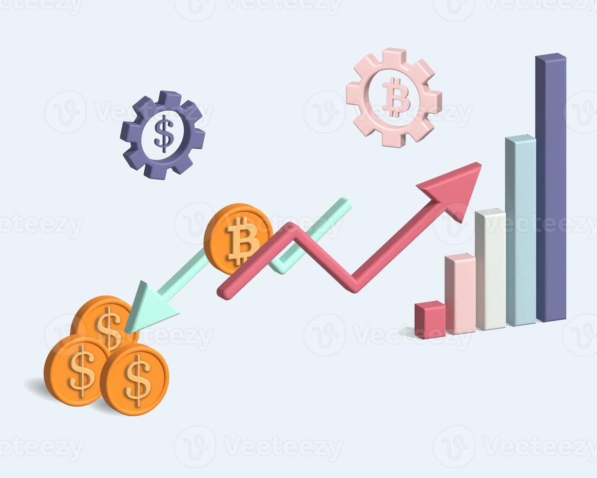 arrows of growth and fall of the graph pillars of the graph and coins. The concept of the financial crisis. 3d rendering photo