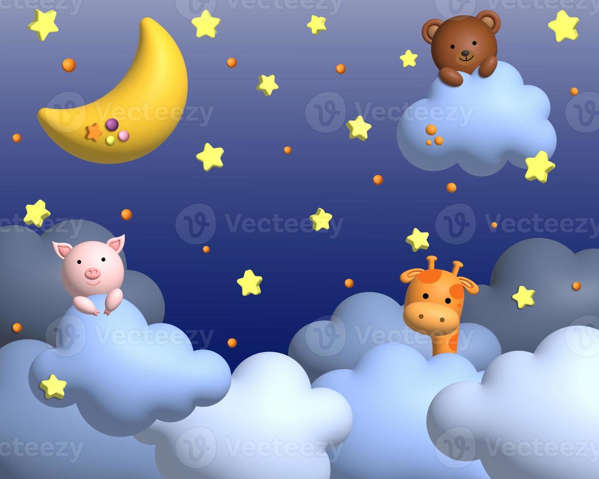 Cute bear and frog sitting on a cloud. Children's background with moon, stars, clouds. 3d render photo